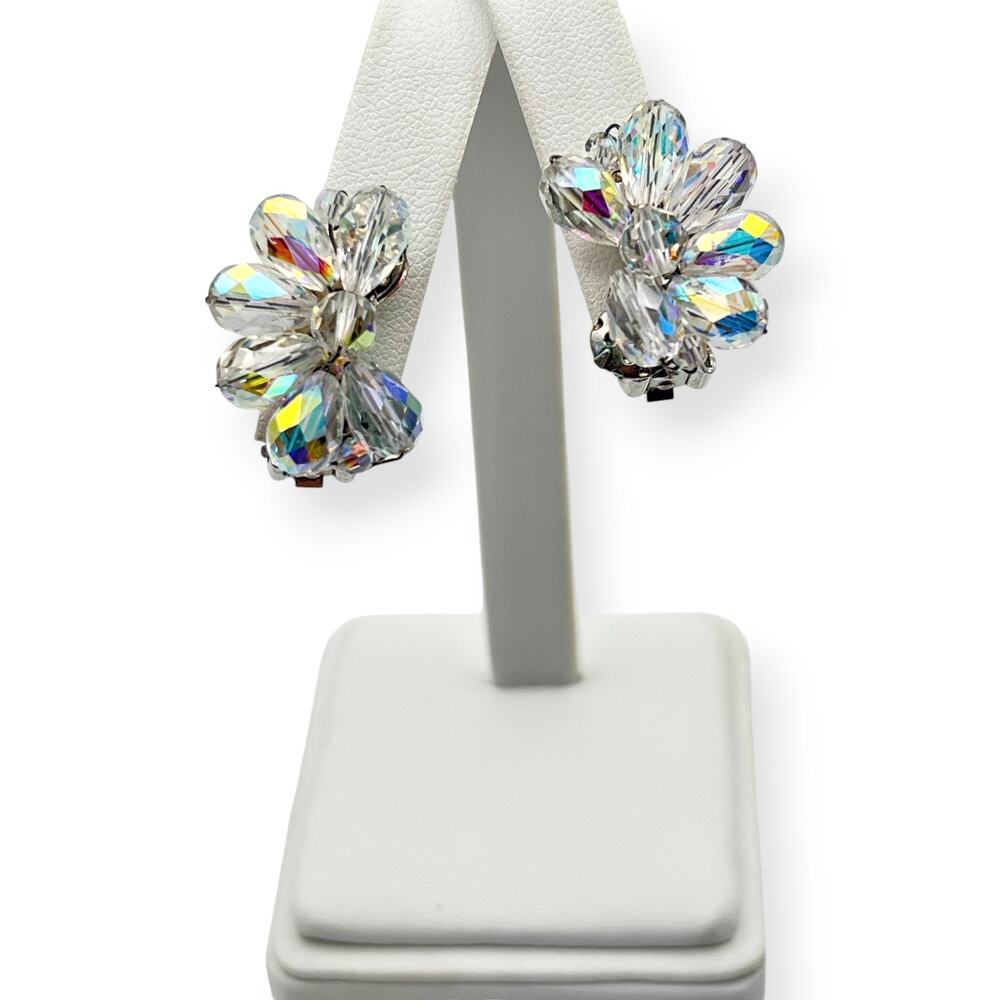 Iridescent Clip On Earrings Sparkle AB Cluster Beads Retro Glam Wedding Coquette